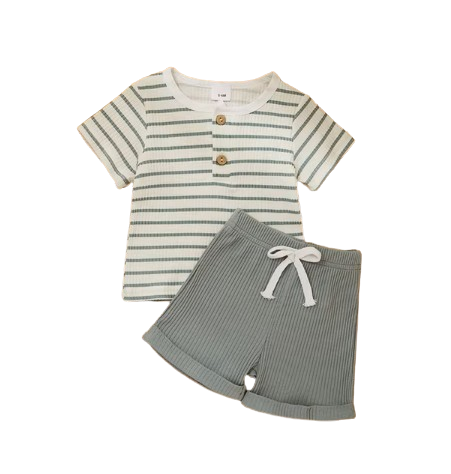 The Kyren - Baby Boy Ribbed Stripe Short Sleeve Button T-Shirt + Shorts