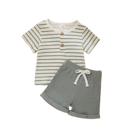 The Kyren - Baby Boy Ribbed Stripe Short Sleeve Button T-Shirt + Shorts