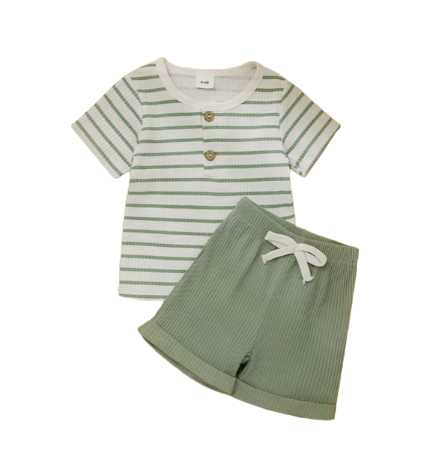 The Kyren - Baby Boy Ribbed Stripe Short Sleeve Button T-Shirt + Shorts