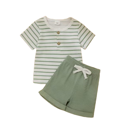 The Kyren - Baby Boy Ribbed Stripe Short Sleeve Button T-Shirt + Shorts