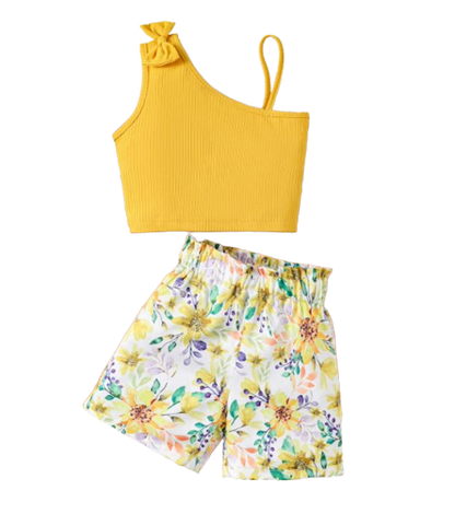 The Lainey - Baby Girl Suspenders Bow Top+Flower Shorts