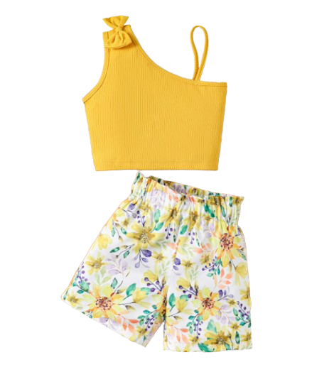 The Lainey - Baby Girl Suspenders Bow Top+Flower Shorts