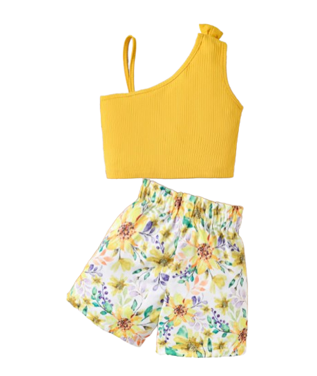 The Lainey - Baby Girl Suspenders Bow Top+Flower Shorts