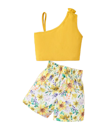 The Lainey - Baby Girl Suspenders Bow Top+Flower Shorts