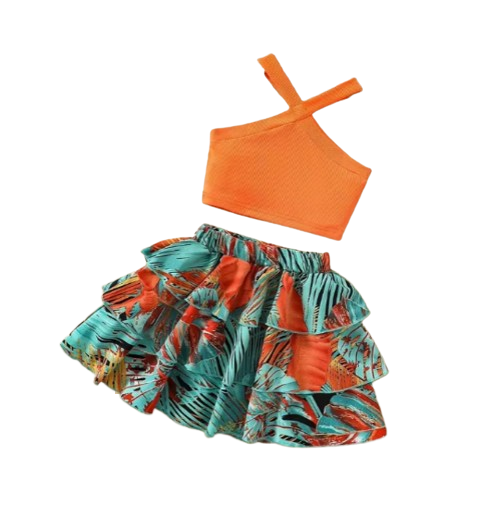 The Leah - Baby Girl Sleeveless Ribbed Crop Tops & Tropical Flowers Layered Hem Skirt Set