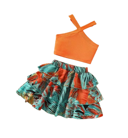 The Leah - Baby Girl Sleeveless Ribbed Crop Tops & Tropical Flowers Layered Hem Skirt Set