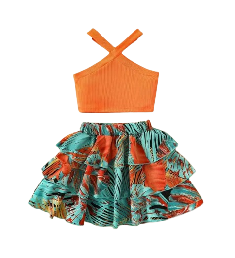 The Leah - Baby Girl Sleeveless Ribbed Crop Tops & Tropical Flowers Layered Hem Skirt Set