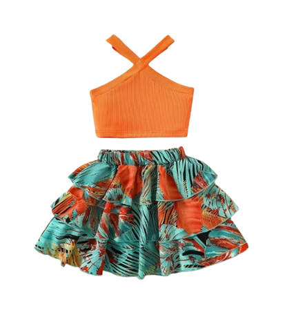 The Leah - Baby Girl Sleeveless Ribbed Crop Tops & Tropical Flowers Layered Hem Skirt Set