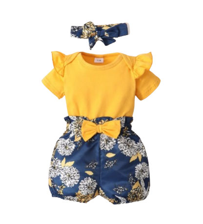 The Leilani - 3pcs Yellow Ruffle Short Sleeve Tops + Floral Shorts + Headband