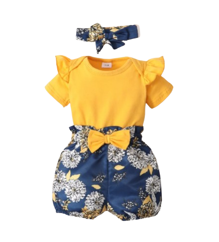 The Leilani - 3pcs Yellow Ruffle Short Sleeve Tops + Floral Shorts + Headband