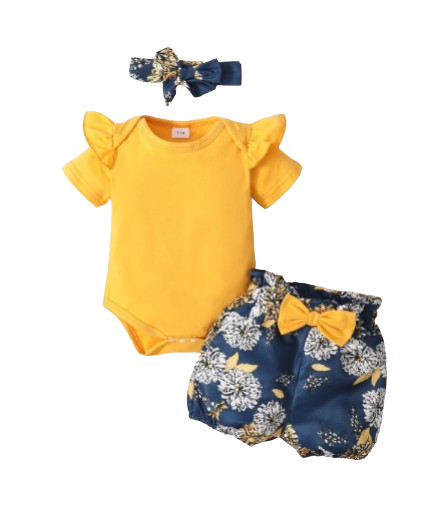 The Leilani - 3pcs Yellow Ruffle Short Sleeve Tops + Floral Shorts + Headband