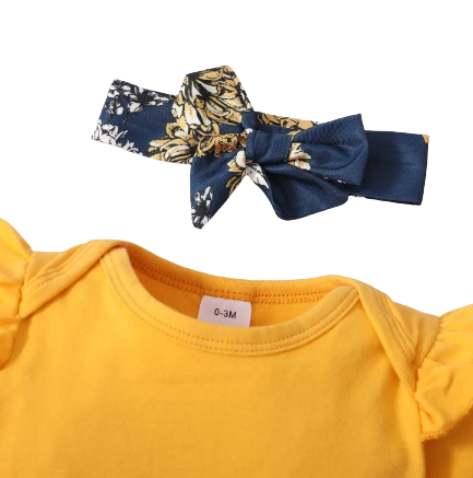 The Leilani - 3pcs Yellow Ruffle Short Sleeve Tops + Floral Shorts + Headband