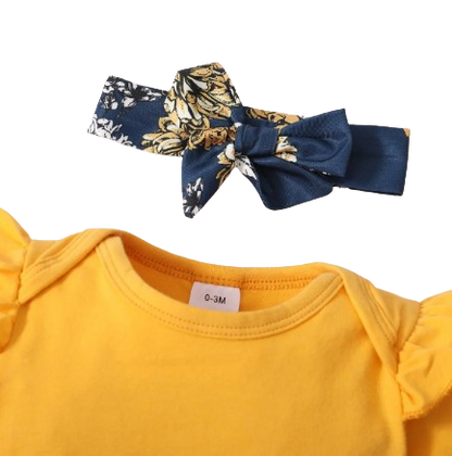 The Leilani - 3pcs Yellow Ruffle Short Sleeve Tops + Floral Shorts + Headband