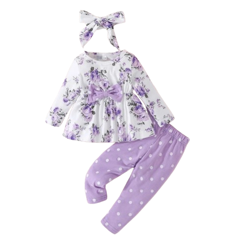 The Lydia - Baby Girl Purple Long Sleeve Blouse Floral Bow Front and Long Pants Polka Dotted Outfit