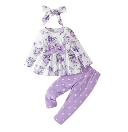 The Lydia - Baby Girl Purple Long Sleeve Blouse Floral Bow Front and Long Pants Polka Dotted Outfit