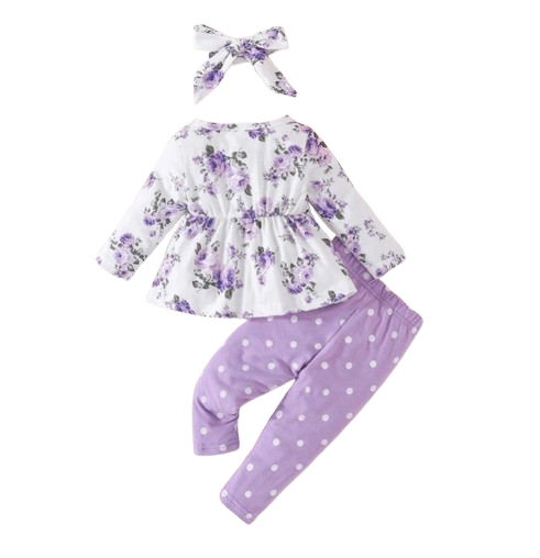 The Lydia - Baby Girl Purple Long Sleeve Blouse Floral Bow Front and Long Pants Polka Dotted Outfit