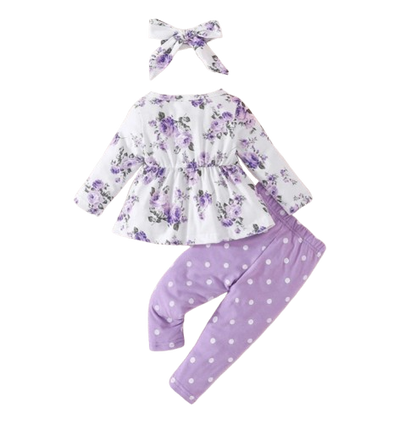 The Lydia - Baby Girl Purple Long Sleeve Blouse Floral Bow Front and Long Pants Polka Dotted Outfit