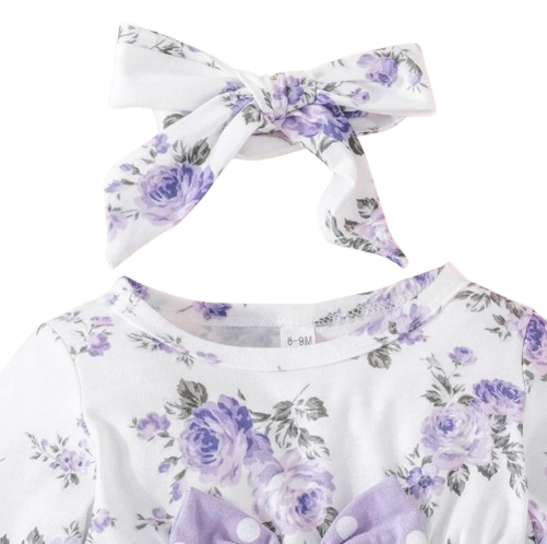 The Lydia - Baby Girl Purple Long Sleeve Blouse Floral Bow Front and Long Pants Polka Dotted Outfit