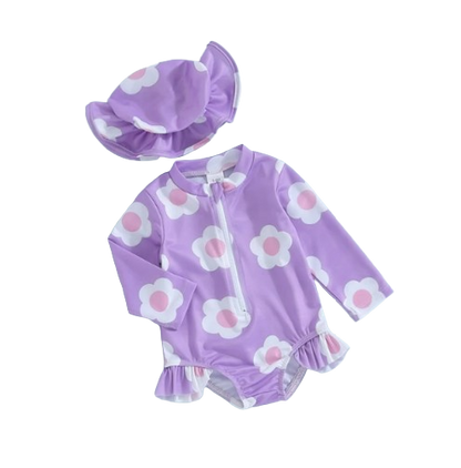 The Mabel - Baby Girl Cute Purple Ruffle Long Sleeve Swimwear