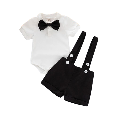 The Mael - Baby Boy Mini Gentleman Outfit Short Sleeve Shirt With Bow + Romper Short Pants