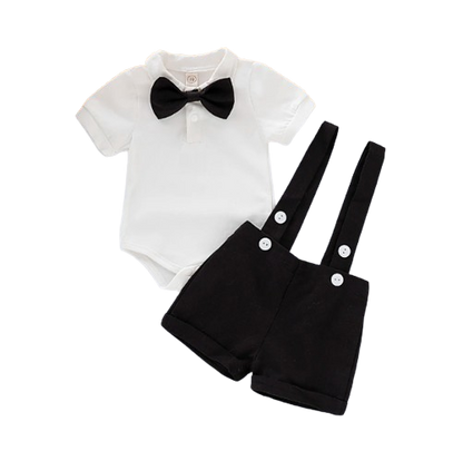 The Mael - Baby Boy Mini Gentleman Outfit Short Sleeve Shirt With Bow + Romper Short Pants