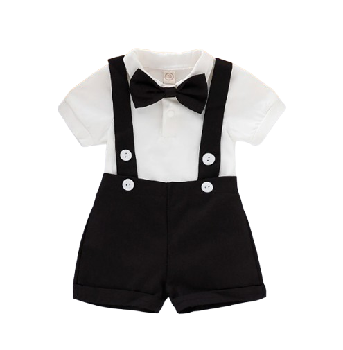 The Mael - Baby Boy Mini Gentleman Outfit Short Sleeve Shirt With Bow + Romper Short Pants