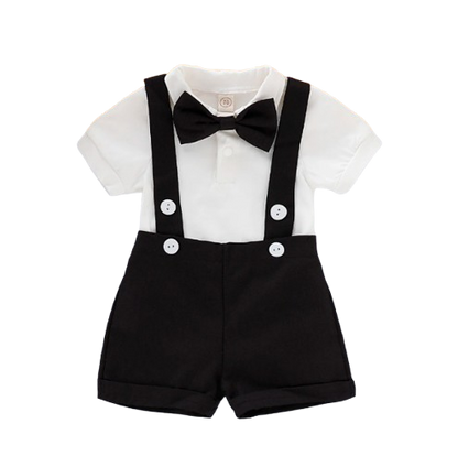 The Mael - Baby Boy Mini Gentleman Outfit Short Sleeve Shirt With Bow + Romper Short Pants