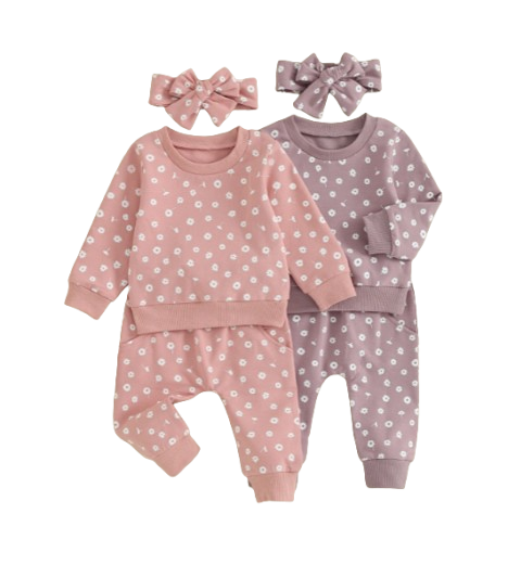 The Magnolia - Baby Girl Flower Print Sweatshirt + Pants + Headband