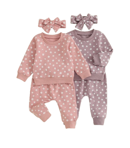 The Magnolia - Baby Girl Flower Print Sweatshirt + Pants + Headband