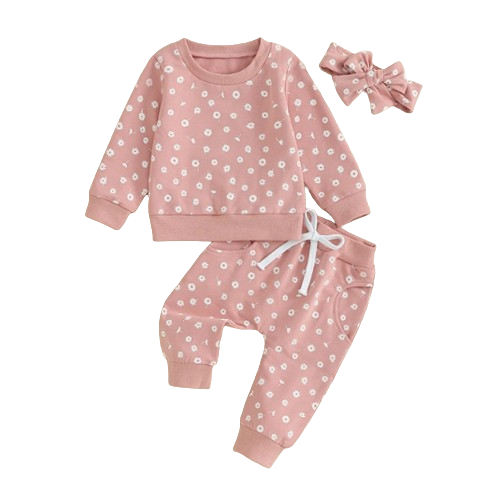 The Magnolia - Baby Girl Flower Print Sweatshirt + Pants + Headband