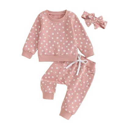 The Magnolia - Baby Girl Flower Print Sweatshirt + Pants + Headband