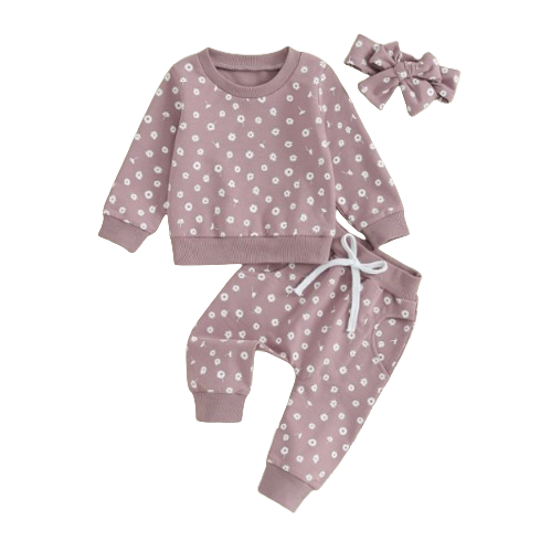 The Magnolia - Baby Girl Flower Print Sweatshirt + Pants + Headband