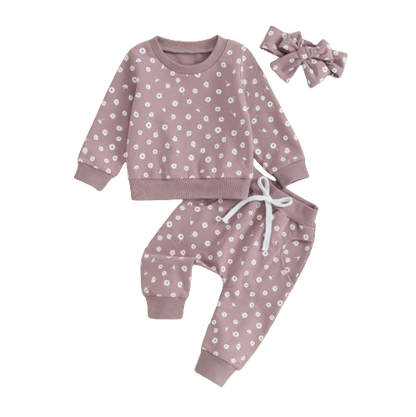 The Magnolia - Baby Girl Flower Print Sweatshirt + Pants + Headband