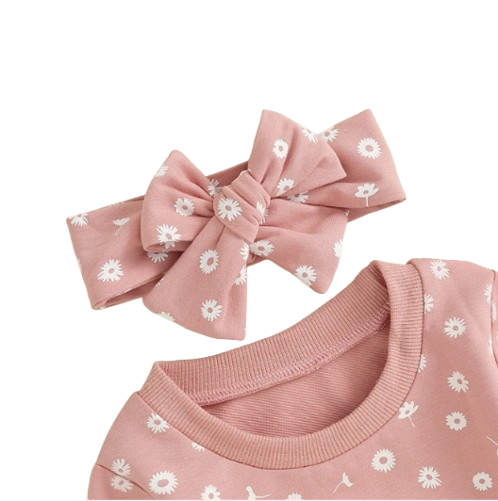 The Magnolia - Baby Girl Flower Print Sweatshirt + Pants + Headband