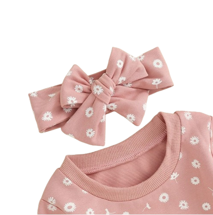 The Magnolia - Baby Girl Flower Print Sweatshirt + Pants + Headband