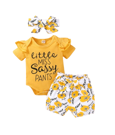 The Malia - Baby Girl Yellow Short Sleeve Crew Neck Tops + Floral Shorts + Headband