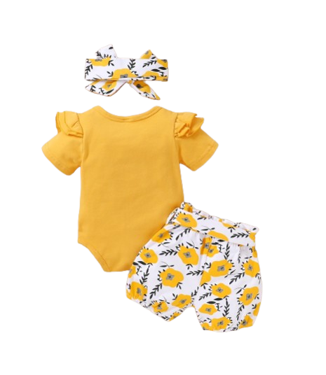 The Malia - Baby Girl Yellow Short Sleeve Crew Neck Tops + Floral Shorts + Headband