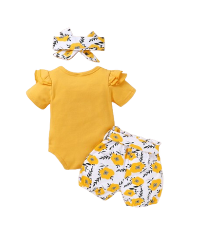 The Malia - Baby Girl Yellow Short Sleeve Crew Neck Tops + Floral Shorts + Headband