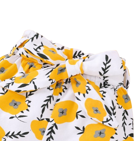 The Malia - Baby Girl Yellow Short Sleeve Crew Neck Tops + Floral Shorts + Headband