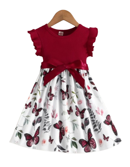 The Mia - Baby Girl Ruffled Sleeve Butterfly Floral Dress with Belt