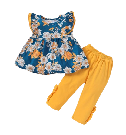 The Mila - Baby Girl Sleeveless Flower T-shirt + Solid Colored Leggings Pants