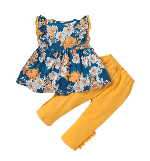 The Mila - Baby Girl Sleeveless Flower T-shirt + Solid Colored Leggings Pants