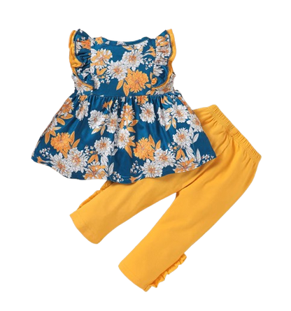 The Mila - Baby Girl Sleeveless Flower T-shirt + Solid Colored Leggings Pants