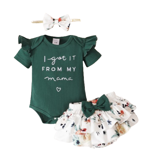 The Miriam - Baby Girl Green Short Sleeve Top + Floral Shorts + Headband