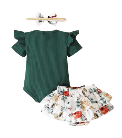 The Miriam - Baby Girl Green Short Sleeve Top + Floral Shorts + Headband