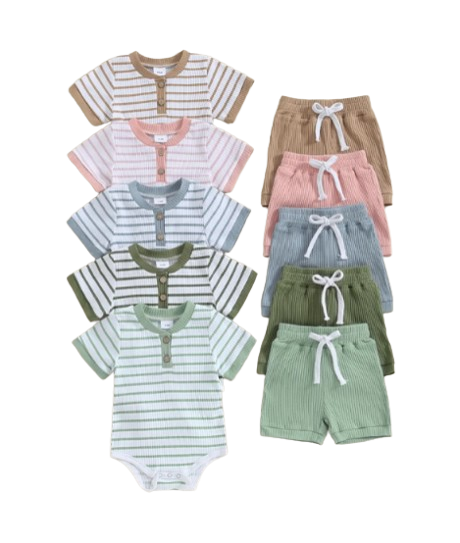 The Morrie - Short Sleeve Ribbed Striped Romper + Shorts