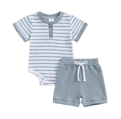 The Morrie - Short Sleeve Ribbed Striped Romper + Shorts