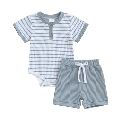 The Morrie - Unisex Baby 2PCS Ribbed Striped Short Sleeve Romper & Shorts Summer Set