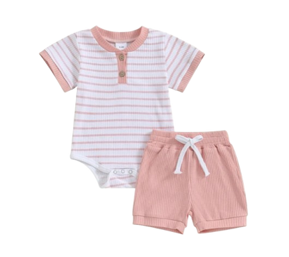 The Morrie - Short Sleeve Ribbed Striped Romper + Shorts