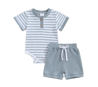 The Morrie - Short Sleeve Ribbed Striped Romper + Shorts